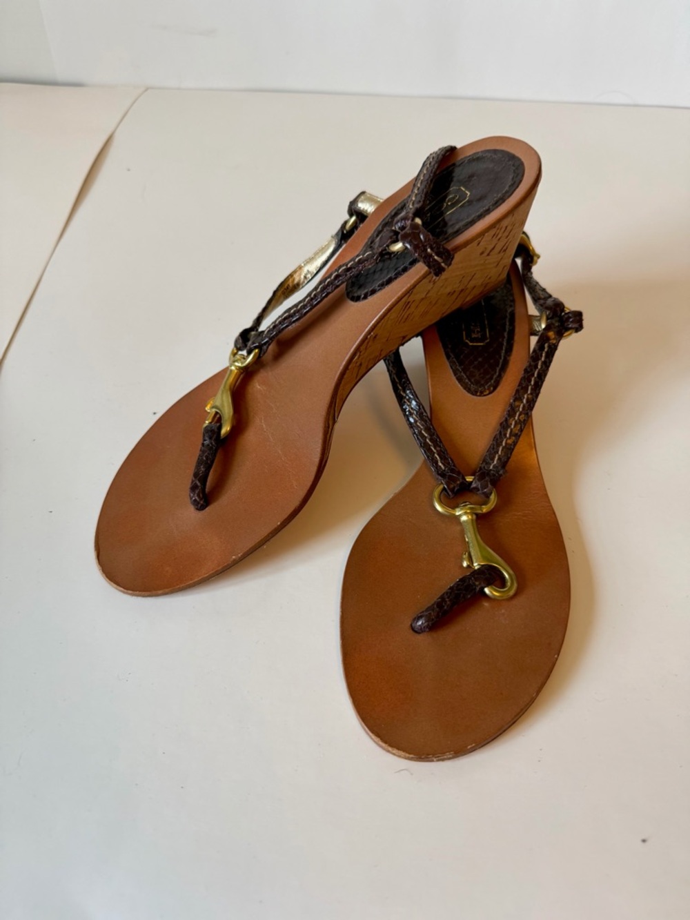 Coach Gynger Brown Python Leather T-Strap Wedge Sandals with Gold Accents